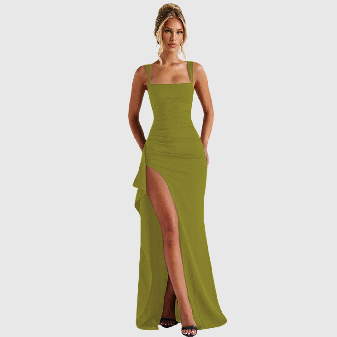 Cell | Elegant Formal Slip Maxi Dress With Open Back – Green | The Bellemont Sisters Australia