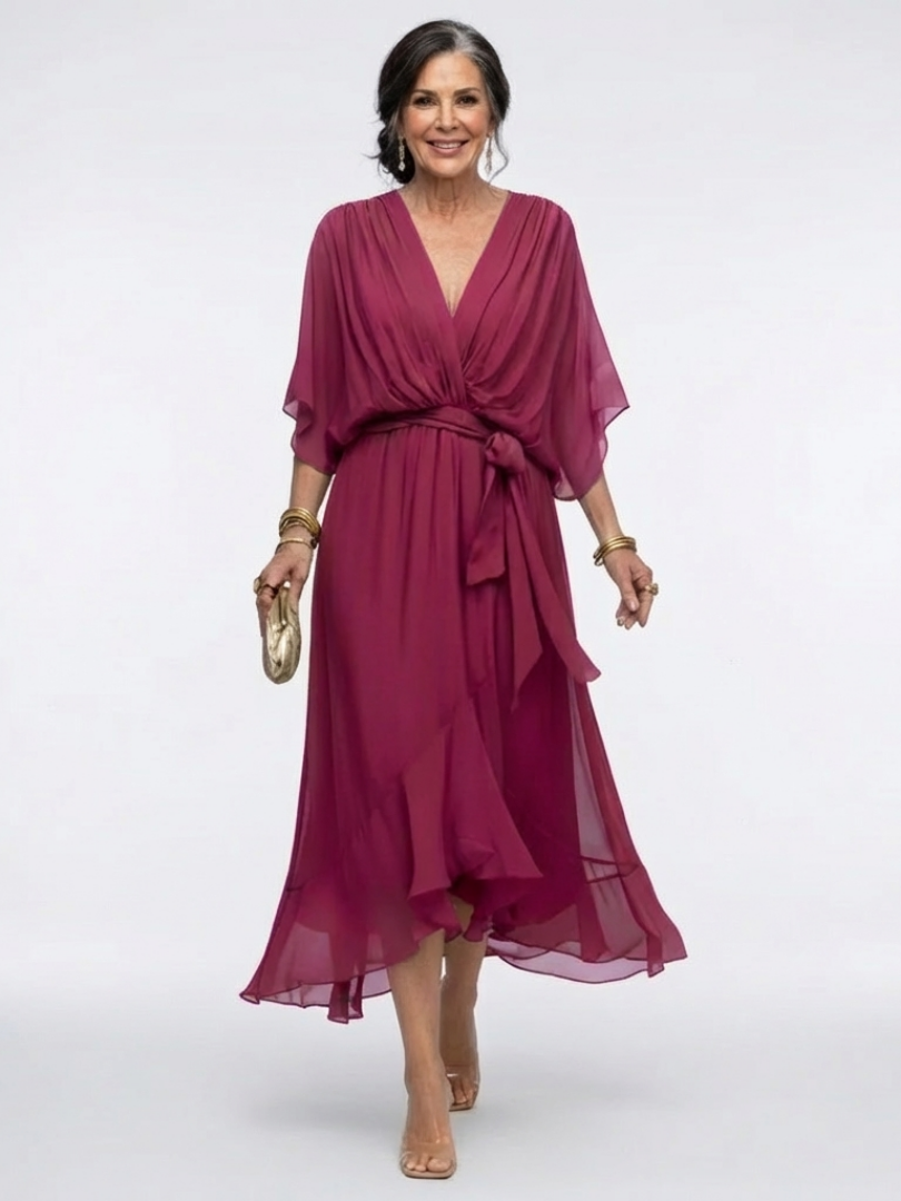 Elysia | V Neck Draped Waist Tie Midi Dress – Red | The Bellemont Sisters Australia