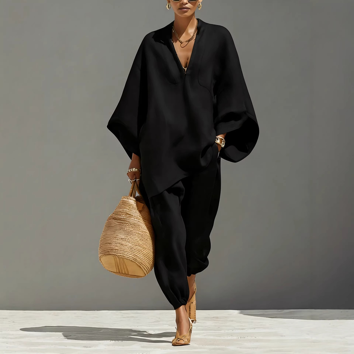 Batwing Sleeve V-Neck Lounge Set – Black | The Bellemont Sisters Australia