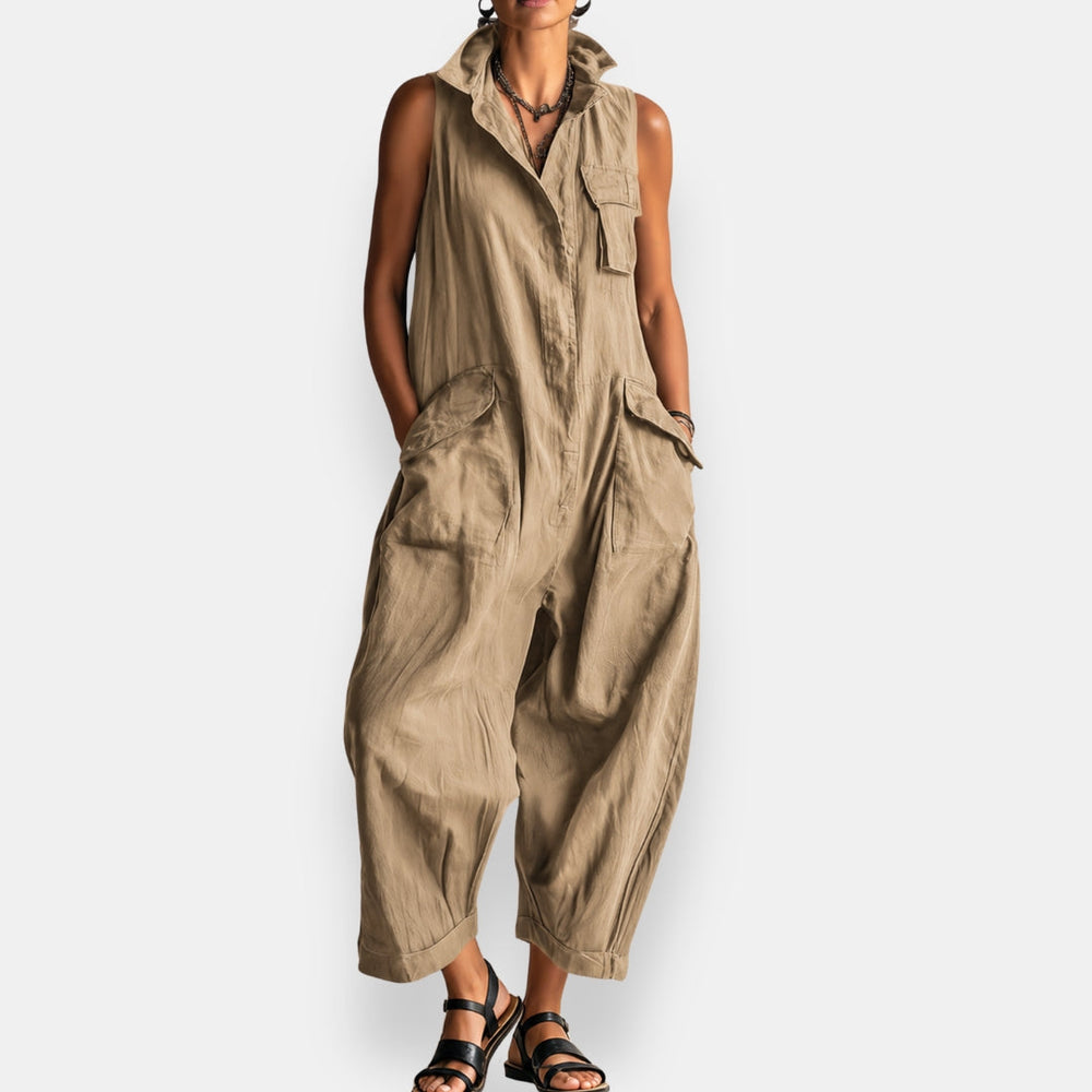 RYKER | SLEEVELESS CARGO JUMPSUIT – Beige | The Bellemont Sisters Australia