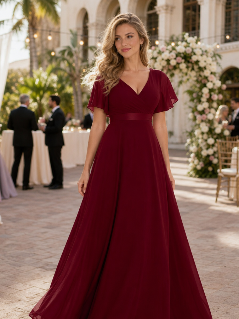 Mige | Short Flutter Sleeve Defined Waist Maxi Dress – Burgundy | The Bellemont Sisters Australia