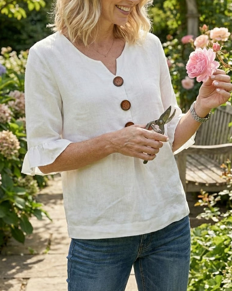 Janet | V-Neck Blouse with Wooden Buttons and Ruffled Sleeves | The Bellemont Sisters Australia