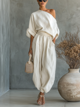 Lisa | Soft Off-Shoulder Top and Tapered Pants Set – Off-white | The Bellemont Sisters Australia