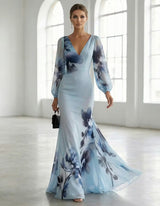 Light Blue Gradient Ink Wash Floral Chiffon V Neck Long Sleeves Maxi Dress | The Bellemont Sisters Australia