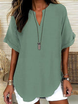Atasia - Soft-Touch Notched-Neck Blouse – Light Green | The Bellemont Sisters Australia