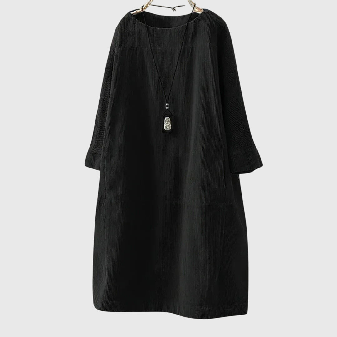 Grace | Relaxed Corduroy Midi Dress – Black | The Bellemont Sisters Australia