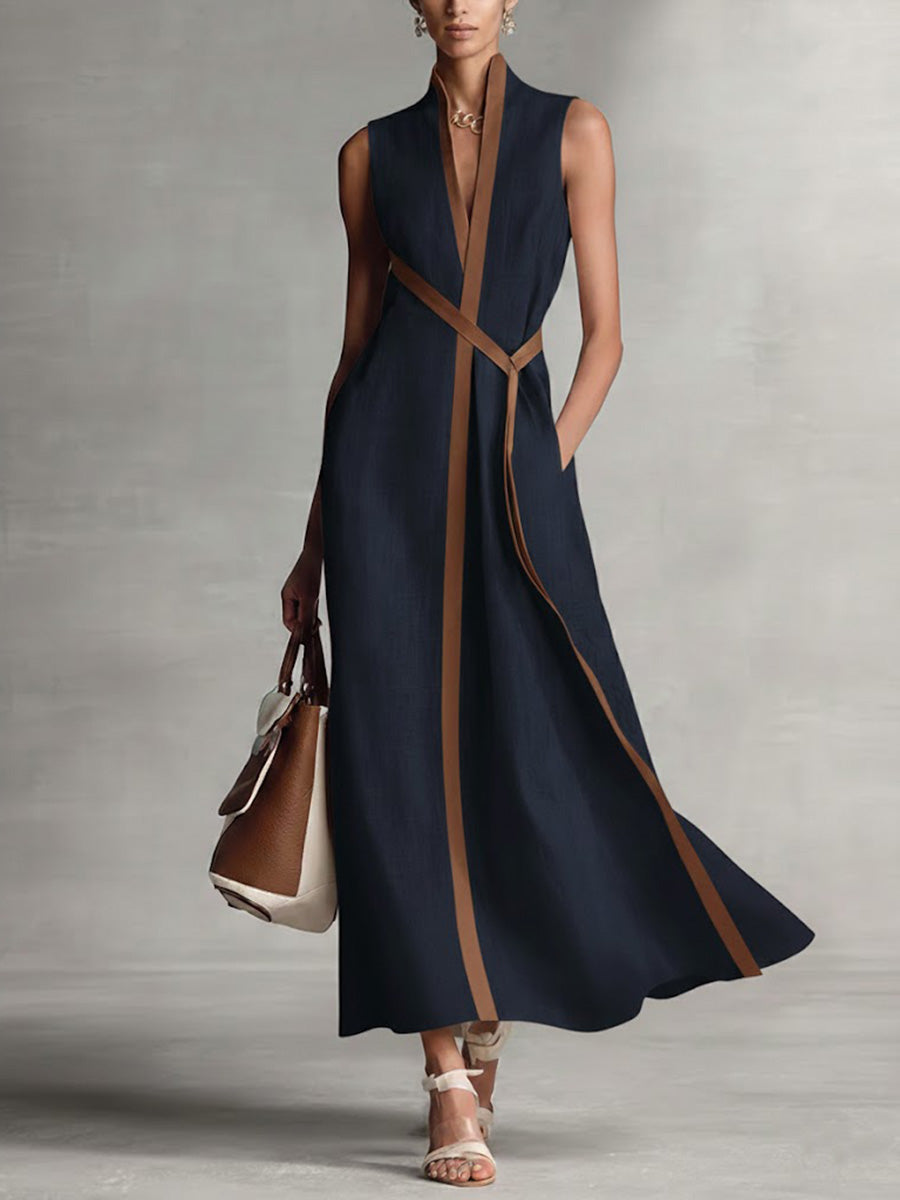 Women's Stand-up Collar Sleeveless Casual Loose Cotton And Linen Dress – Navy Blue | The Bellemont Sisters Australia