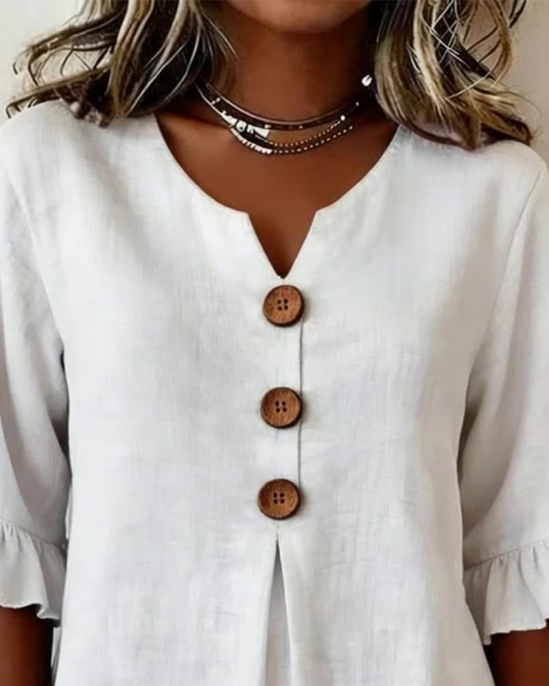Janet | V-Neck Blouse with Wooden Buttons and Ruffled Sleeves | The Bellemont Sisters Australia