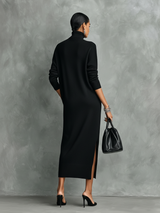 Women's Elegant Black Knitted Turtleneck Long-sleeved Loose-fitting  Midi Dress With No Pockets MDA1974L7AN | The Bellemont S