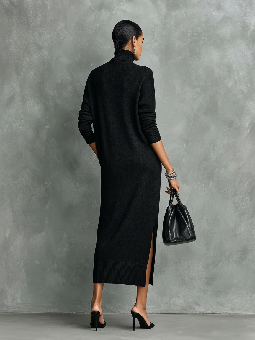 Women's Elegant Black Knitted Turtleneck Long-sleeved Loose-fitting  Midi Dress With No Pockets MDA1974L7AN | The Bellemont S