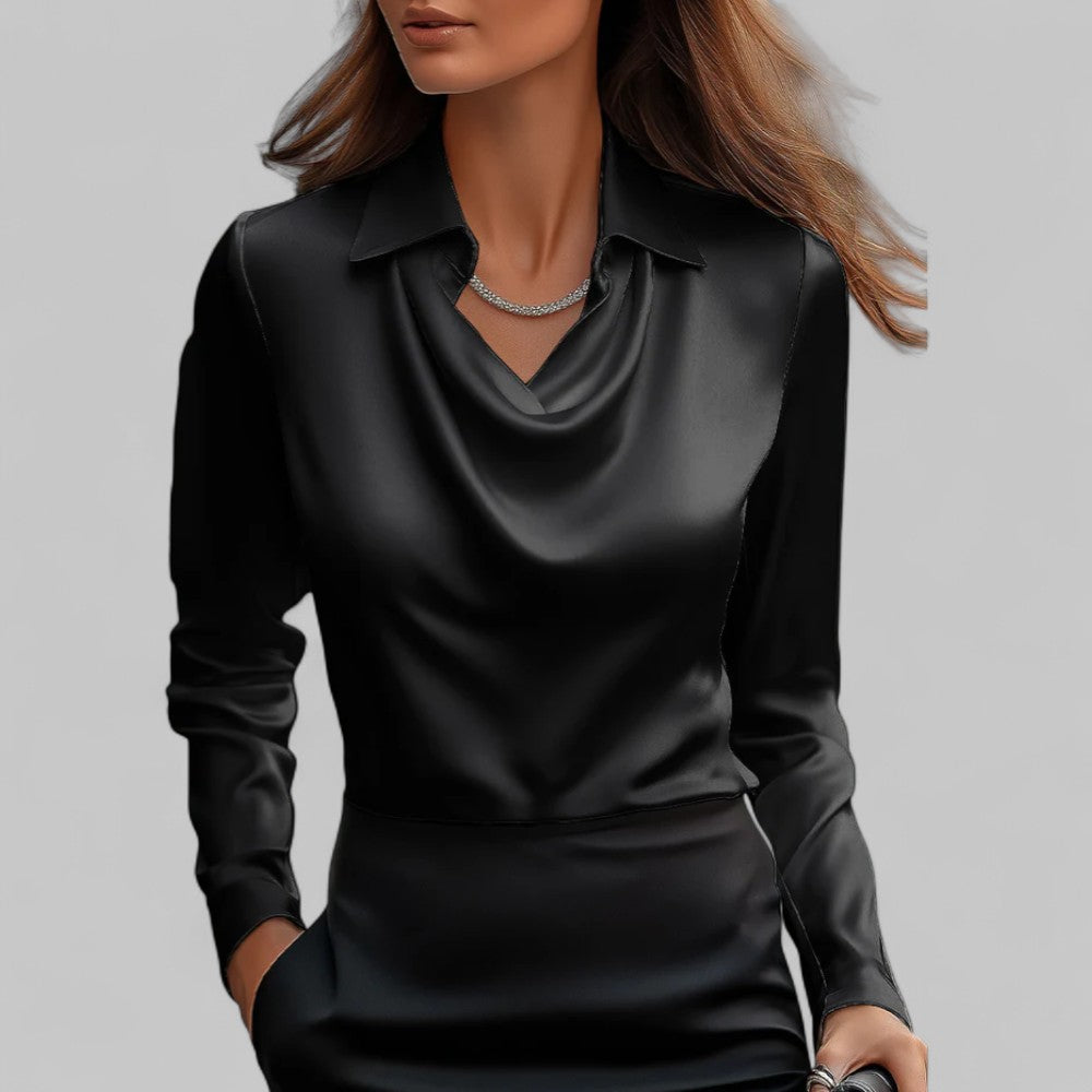 Rose | Women’s Draped Neck Long Sleeve Satin Blouses – Black | The Bellemont Sisters Australia