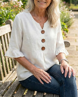 Janet | V-Neck Blouse with Wooden Buttons and Ruffled Sleeves | The Bellemont Sisters Australia