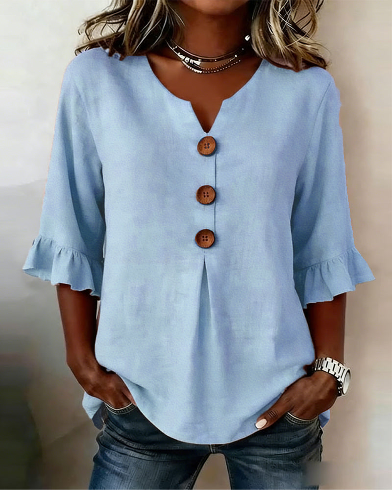 Janet | V-Neck Blouse with Wooden Buttons and Ruffled Sleeves – Blue | The Bellemont Sisters Australia