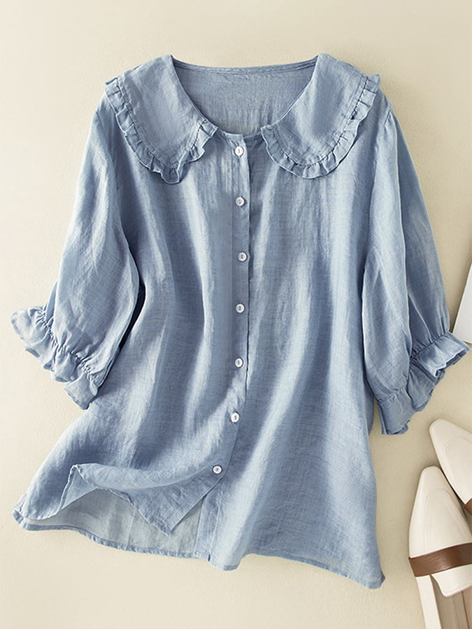 Kayla | Women Loose Fit Ruffle Collar Shirt – Blue | The Bellemont Sisters Australia
