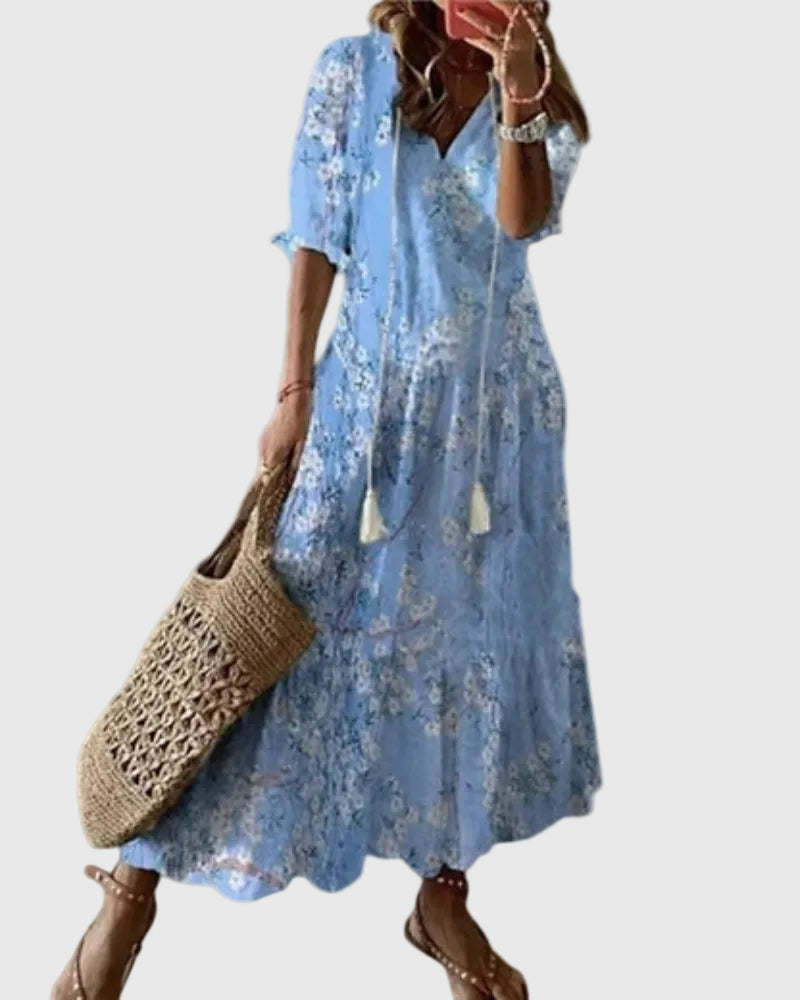 Sofia | Boho Vintage Summer Maxi Dress – Light Blue | The Bellemont Sisters Australia