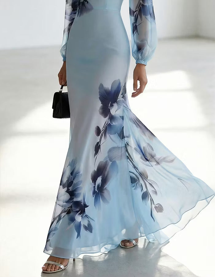 Light Blue Gradient Ink Wash Floral Chiffon V Neck Long Sleeves Maxi Dress | The Bellemont Sisters Australia
