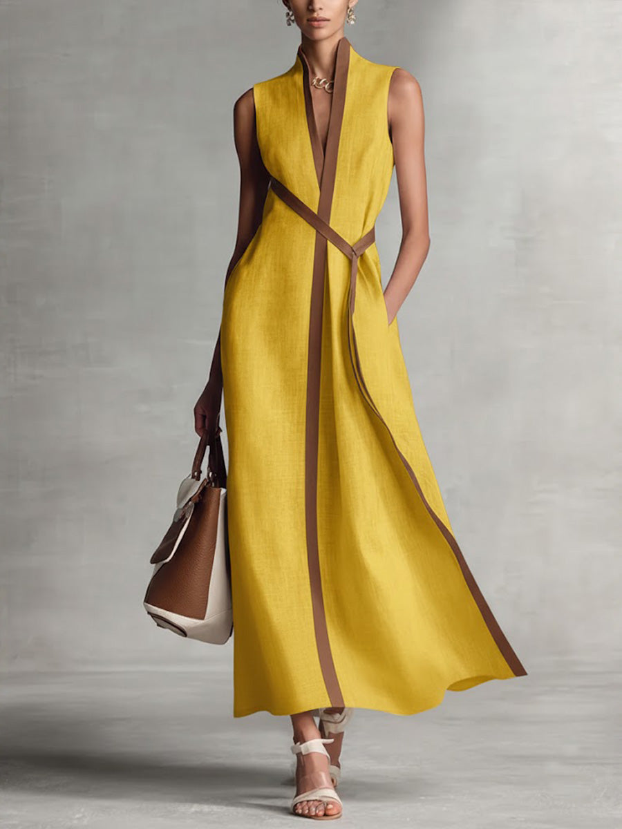 Women's Stand-up Collar Sleeveless Casual Loose Cotton And Linen Dress – Yellow | The Bellemont Sisters Australia