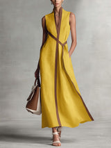 Women's Stand-up Collar Sleeveless Casual Loose Cotton And Linen Dress – Yellow | The Bellemont Sisters Australia