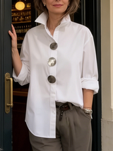 Rosaline | Statement Button Stand Collar Blouse – White | The Bellemont Sisters Australia