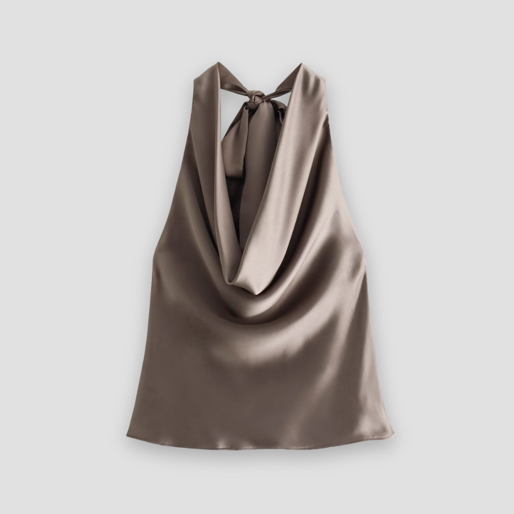 Jenny | Women’s Halter Back Tie Draped Satin Tanks – Brown | The Bellemont Sisters Australia