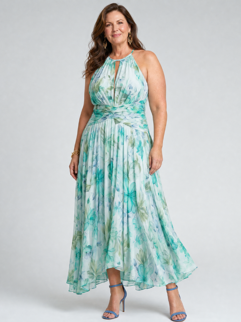 Portia | Pleated Halter Soft Floral Pattern Midi Dress | The Bellemont Sisters Australia