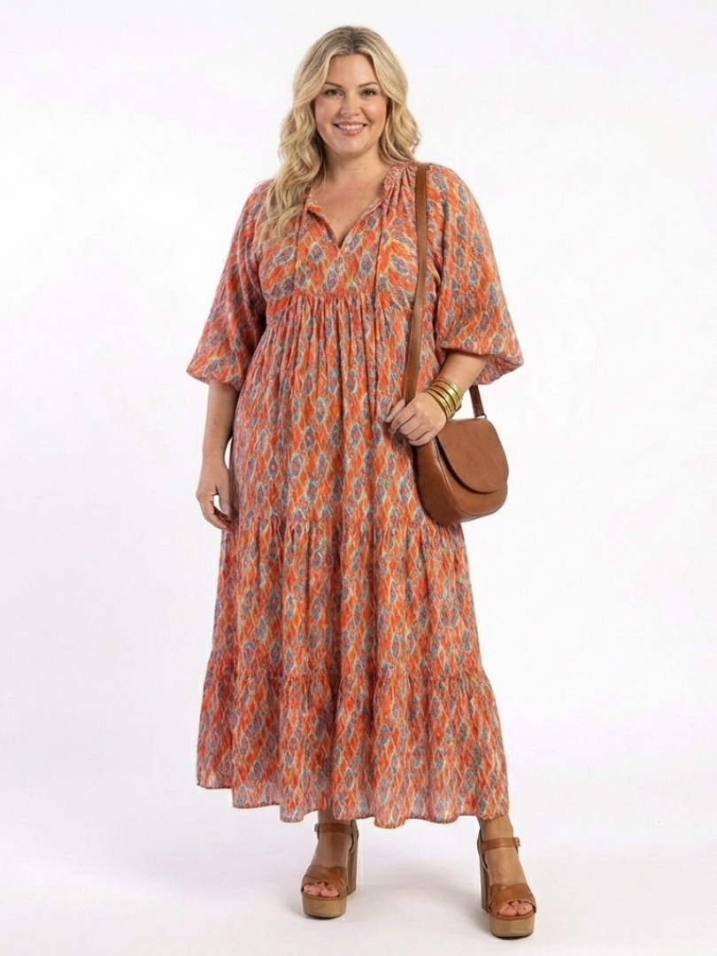 Amara | Geometric Print V Neck Tiered Midi Dress | The Bellemont Sisters Australia