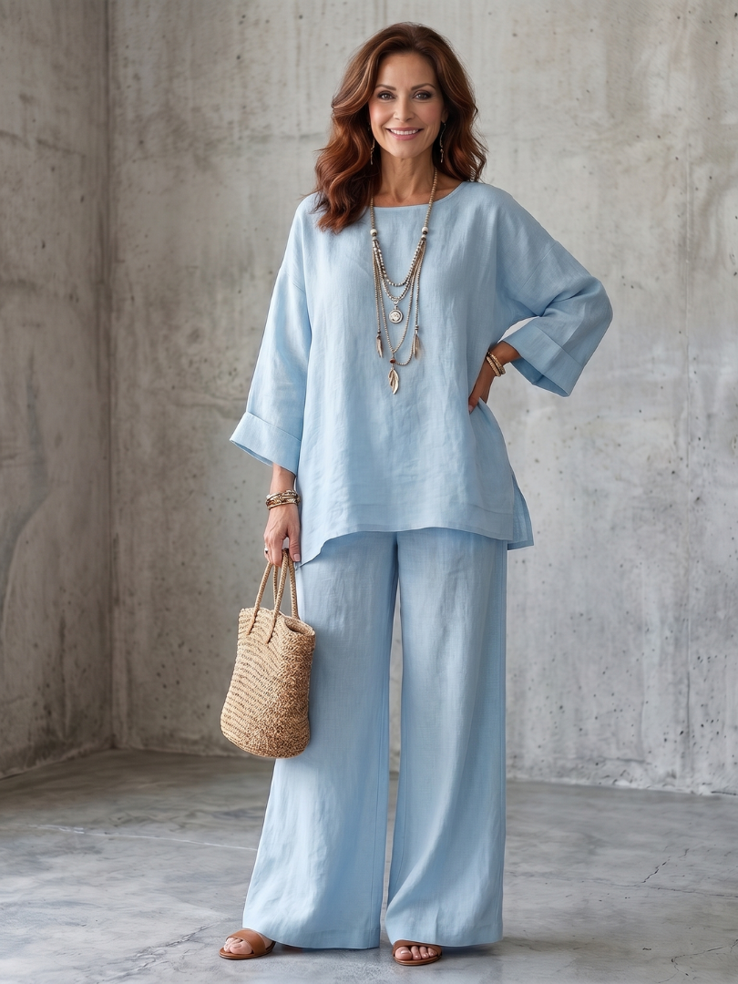 Prue | Oversized Tunic Wide Leg Pant Set – Blue | The Bellemont Sisters Australia