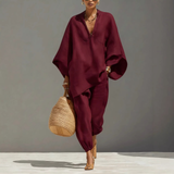 Batwing Sleeve V-Neck Lounge Set – Claret | The Bellemont Sisters Australia