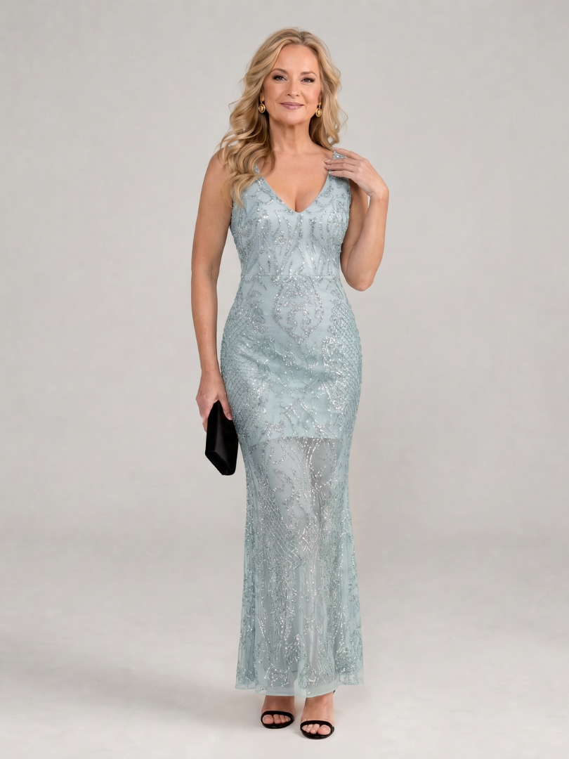 Sirea | Sequin Sleeveless Sheer Panel Midi Dress – Sky blue | The Bellemont Sisters Australia