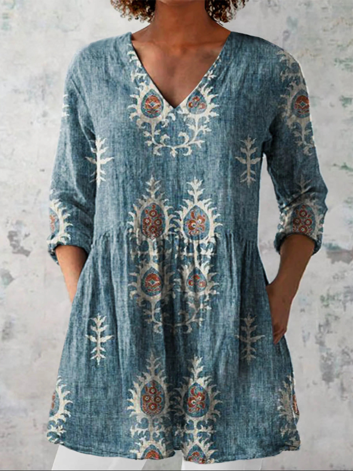 Elise | Long Blouse with V-Neck – Blue | The Bellemont Sisters Australia