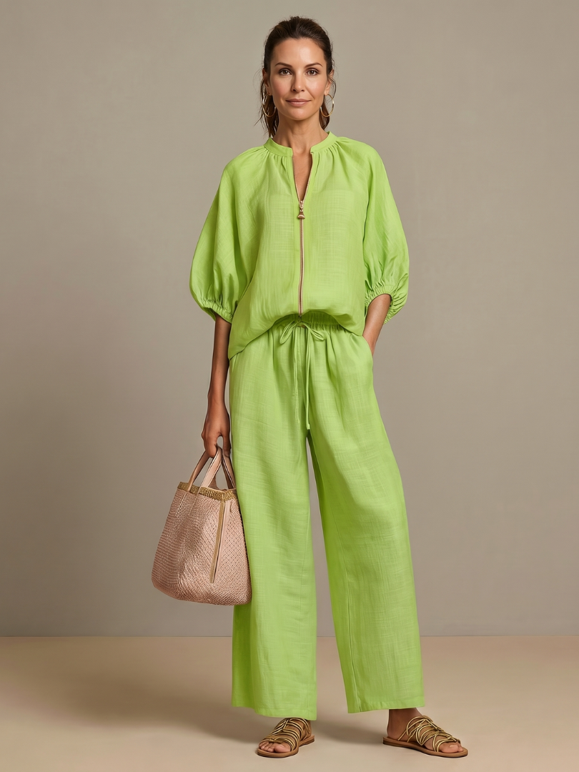 Natalia | Zip Front Blouson Top Wide Leg Set – Green | The Bellemont Sisters Australia