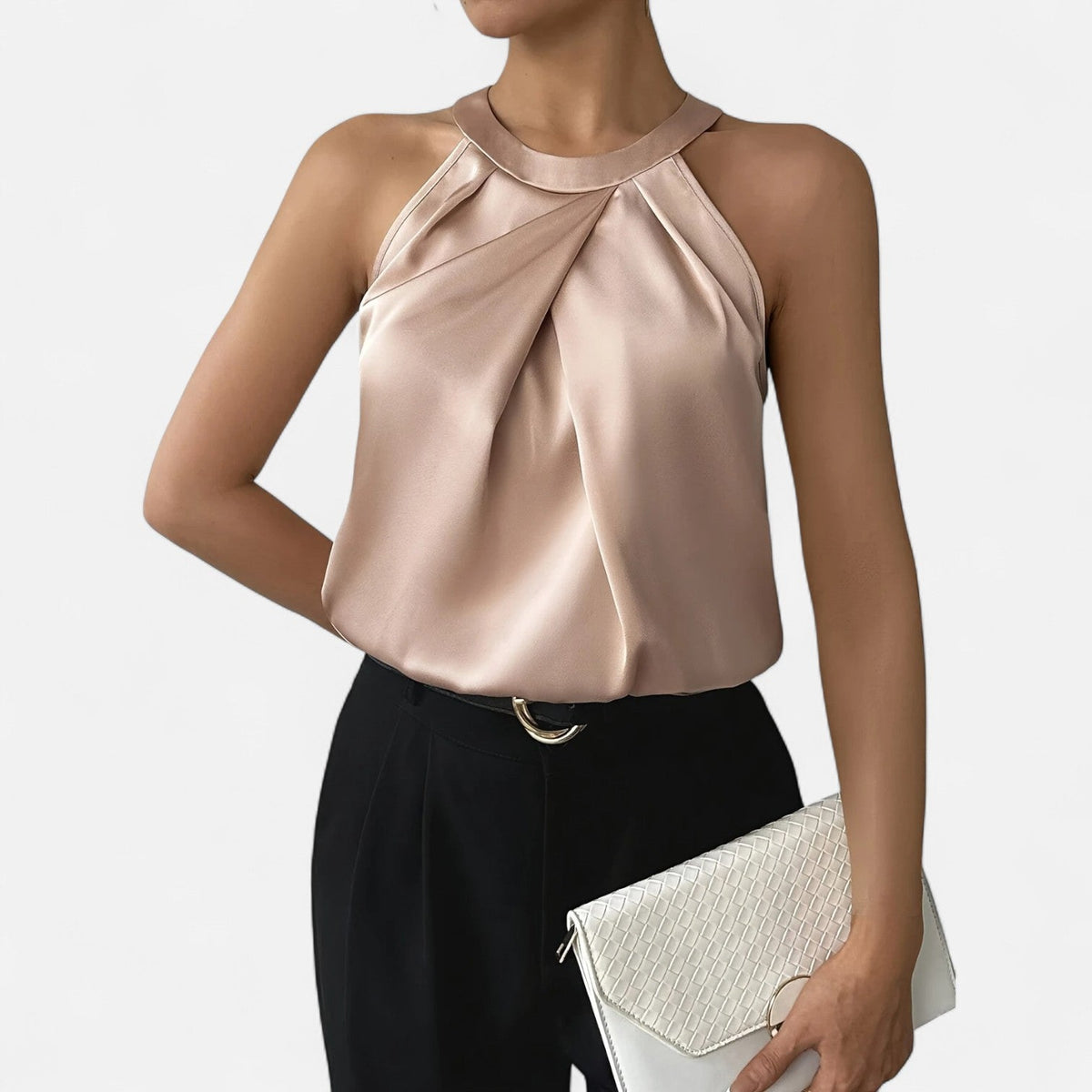 Kimberly | Women’s Elegant Pleated Front Draped Satin Tanks | The Bellemont Sisters Australia