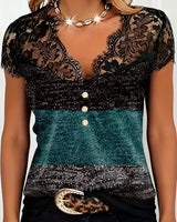 Sharon | V-Neck T-Shirt with Lace and Color Patchwork | The Bellemont Sisters Australia