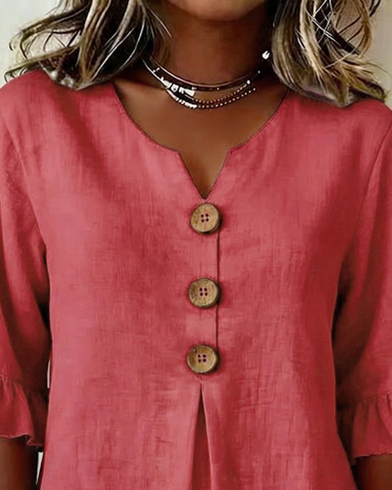 Janet | V-Neck Blouse with Wooden Buttons and Ruffled Sleeves | The Bellemont Sisters Australia