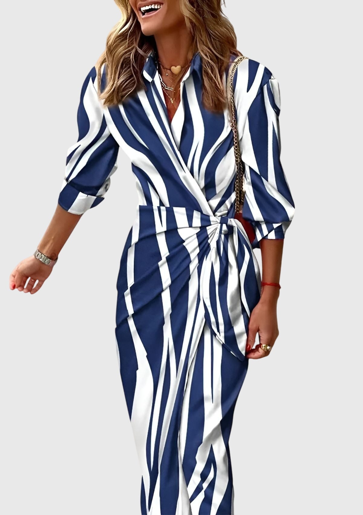 Everly | Elegant Wrap Dress With Print – Blue | The Bellemont Sisters Australia