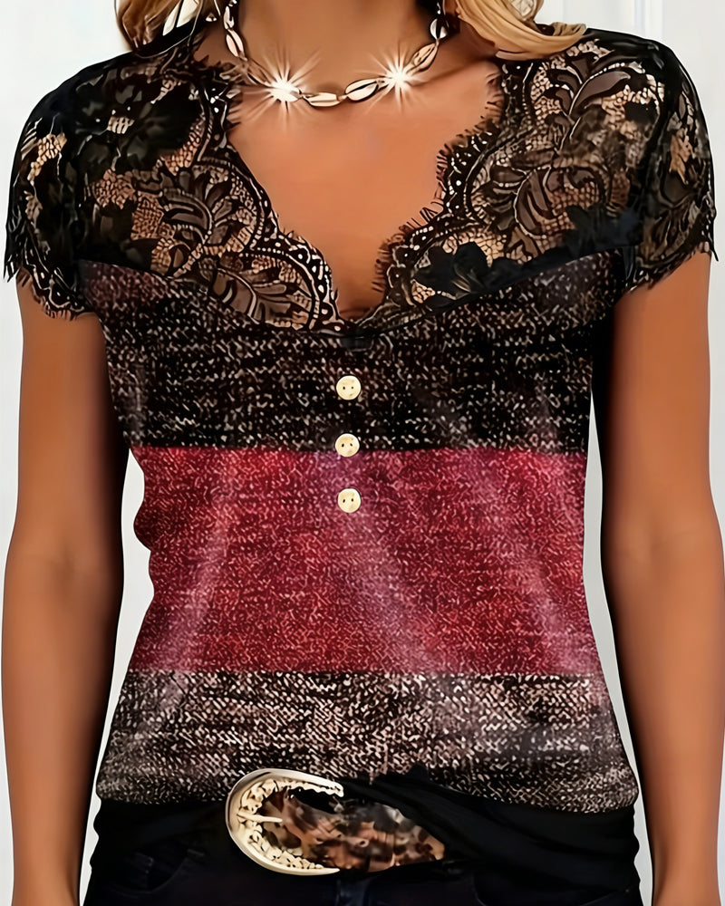 Sharon | V-Neck T-Shirt with Lace and Color Patchwork | The Bellemont Sisters Australia