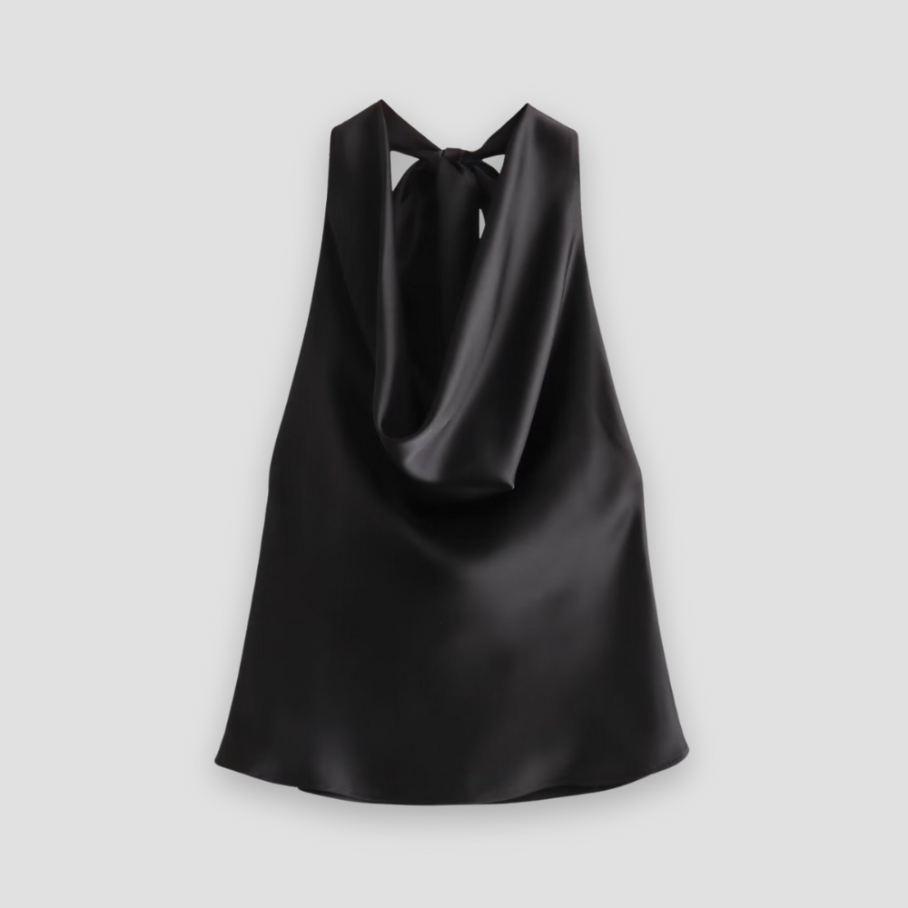 Jenny | Women’s Halter Back Tie Draped Satin Tanks – Black | The Bellemont Sisters Australia
