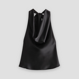 Jenny | Women’s Halter Back Tie Draped Satin Tanks – Black | The Bellemont Sisters Australia
