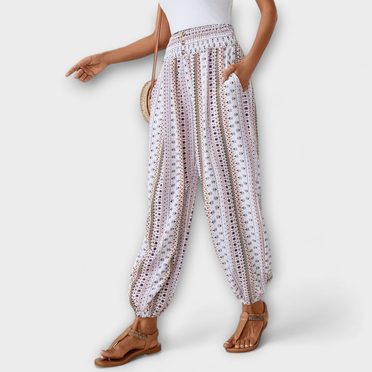 Scarlett - Pants With Ethnic Graphic – White | The Bellemont Sisters Australia