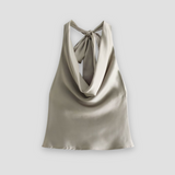 Jenny | Women’s Halter Back Tie Draped Satin Tanks – Beige | The Bellemont Sisters Australia