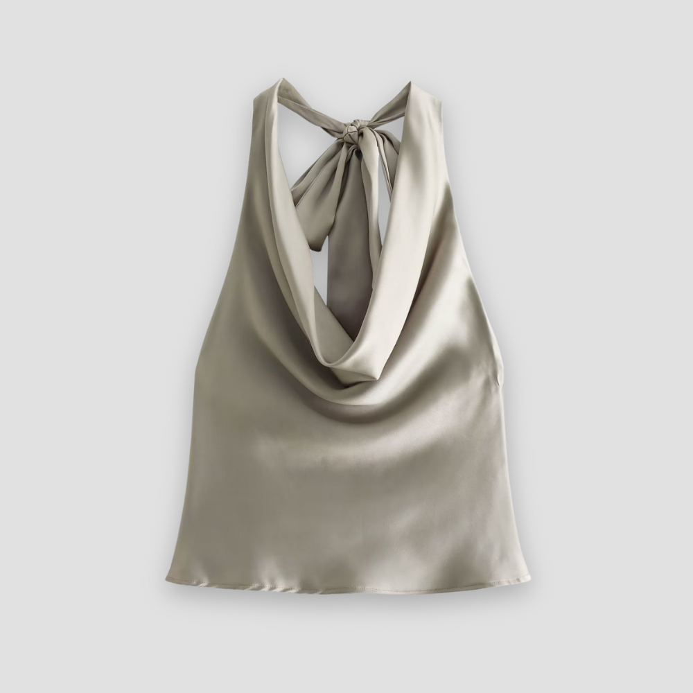 Jenny | Women’s Halter Back Tie Draped Satin Tanks – Beige | The Bellemont Sisters Australia