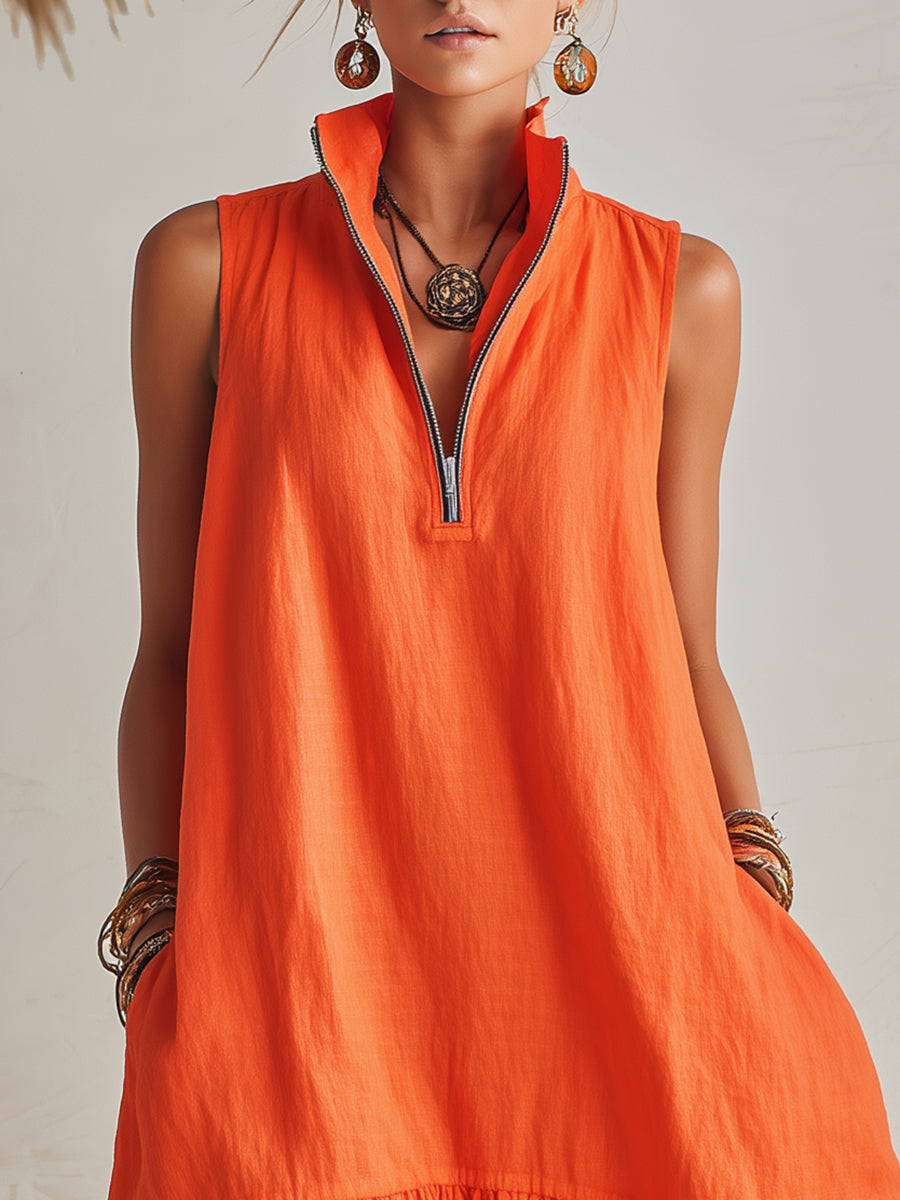 Vibrant Resort Orange Half-Zip Stand Collar Ruffled Mini Dress | The Bellemont Sisters Australia