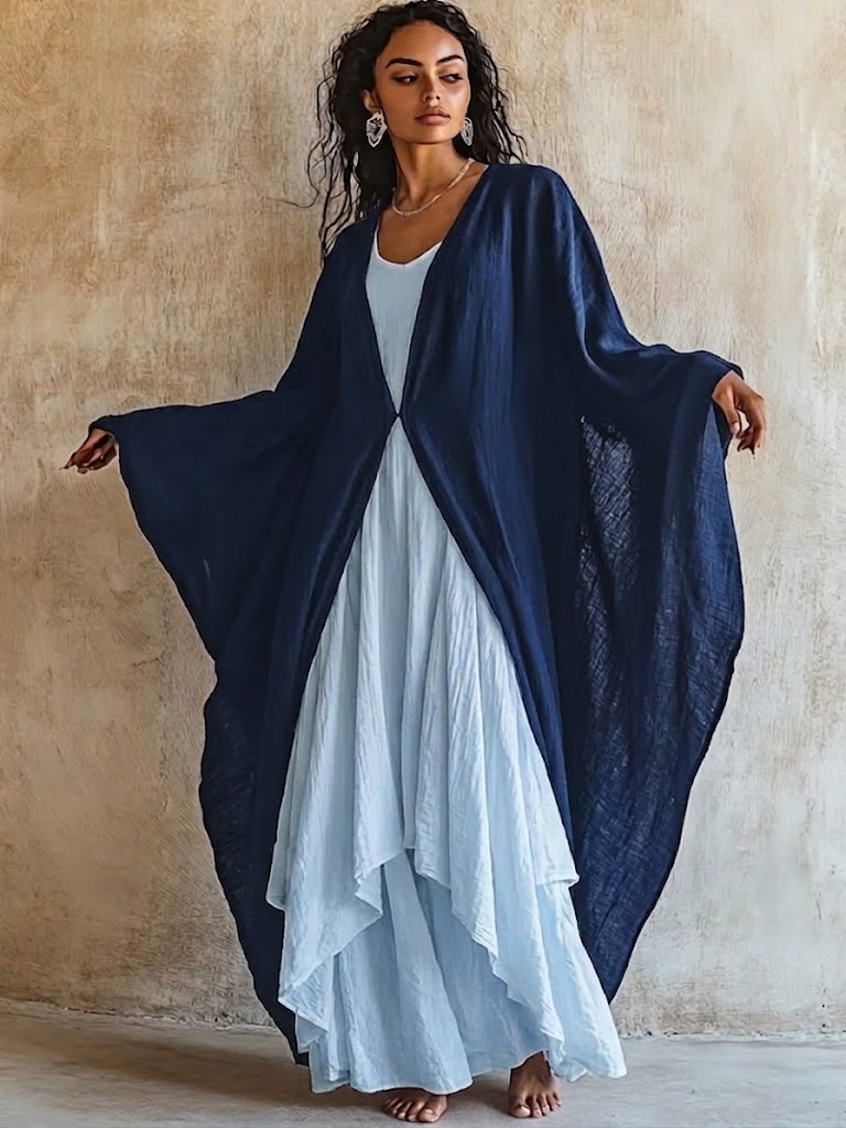 Loose And Comfortable Linen-cotton Two-piece Set: Cardigan And Sleeveless Dress – Navy | The Bellemont Sisters Australia