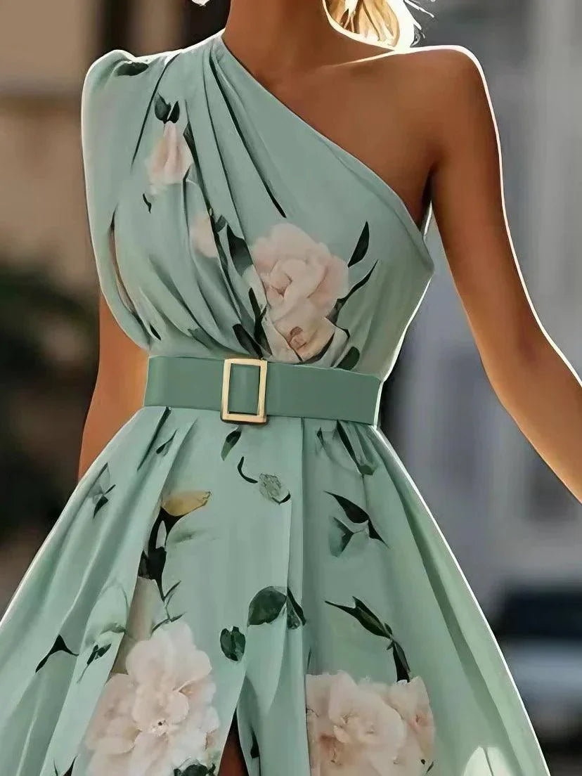 Light Green Floral Ruched One Shoulder A-Line Maxi Chiffon Dress | The Bellemont Sisters Australia