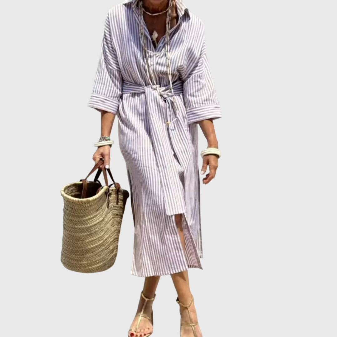 Ellen | Classic Striped Dress – Gray | The Bellemont Sisters Australia