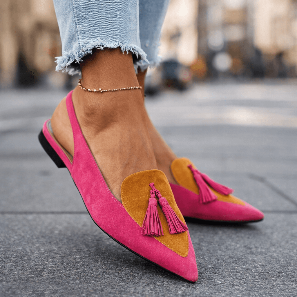 Eliza | Sandals with straps and tassels – Pink and mustard | The Bellemont Sisters Australia