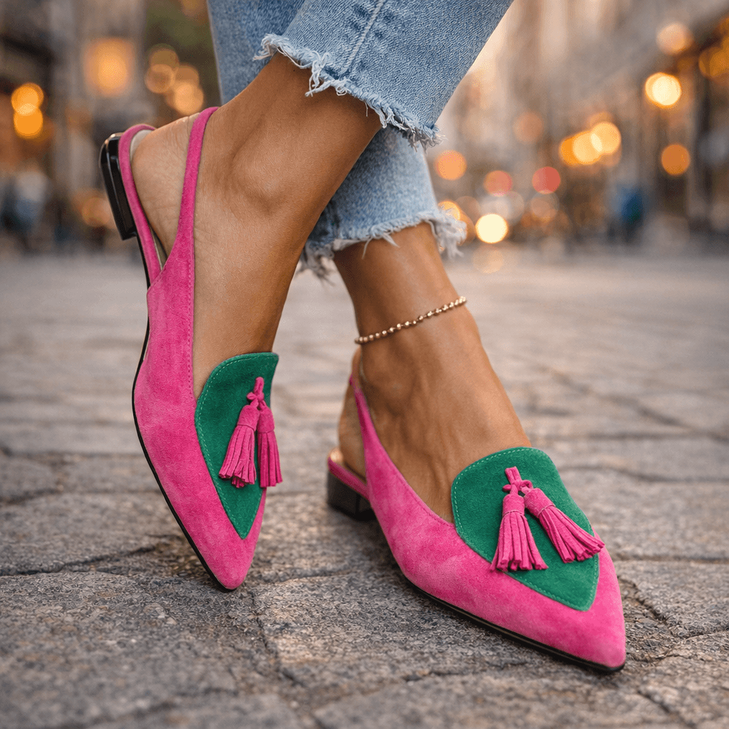 Eliza | Sandals with straps and tassels – Pink and green | The Bellemont Sisters Australia