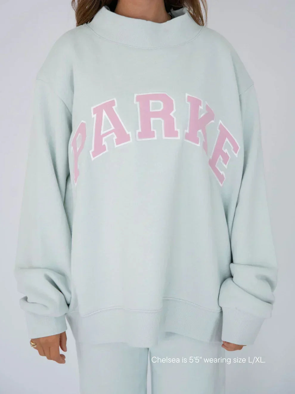 Varsity Sweatshirts and Hoodies – Mint with Pink Letters | The Bellemont Sisters Australia