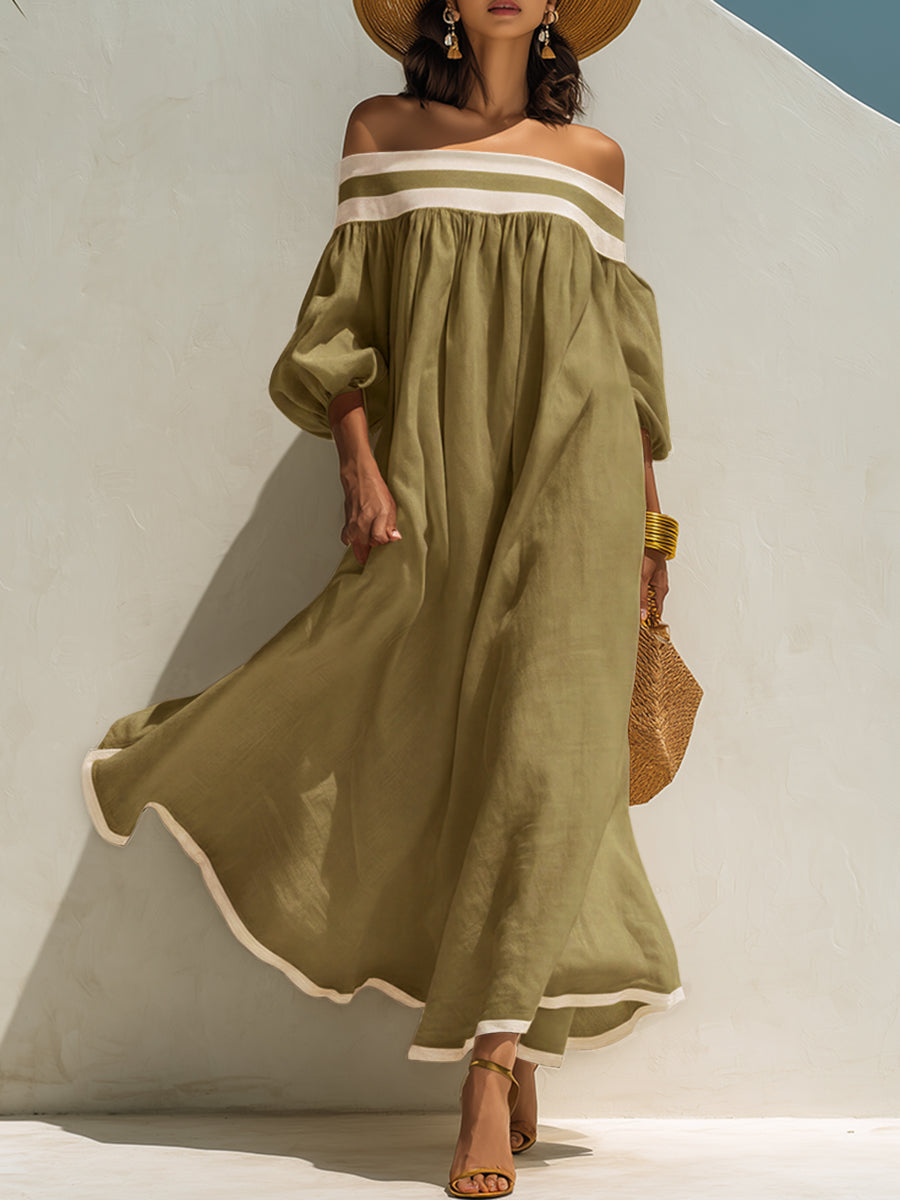 Loose-fitting Color-blocked Off-the-shoulder Maxi Dress – Olive | The Bellemont Sisters Australia