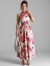 Olivia | Gathered Waist Abstract Print Midi Dress – Red | The Bellemont Sisters Australia